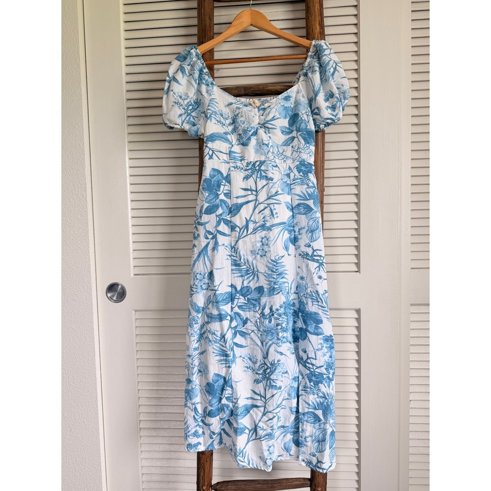 Sweet Wanderer Midi Dress Medium Blue White Floral Toile Puff Sleeve